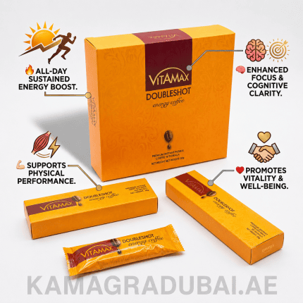Vitamax Doubleshot Energy Coffee box and sachet with energy, focus, physical performance and vitality benefits