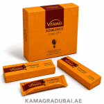 Vitamax Doubleshot Energy Coffee box, individual sachet boxes and single sachet featuring premium instant coffee with maca