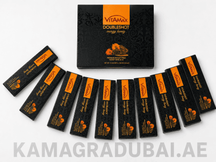 Vitamax Doubleshot Energy Honey box with 10 individual sachets featuring premium instant premix honey with acai