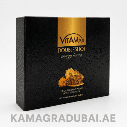 Vitamax Doubleshot Energy Honey box featuring premium instant premix honey with maca