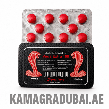 Vega Extra 100 sildenafil tablets blister pack with red tablets and Cobra Signature packaging