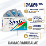 Product image showing the Snafi tadalafil 20mg packaging with four film-coated tablets, intended for oral use as directed by a healthcare professional.