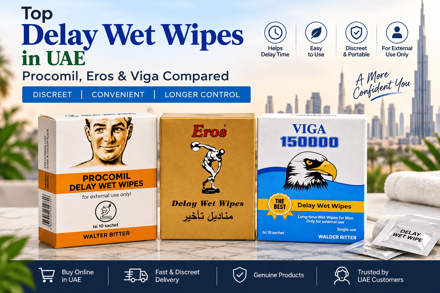 Top Delay Wet Wipes in UAE – Procomil, Eros and Viga