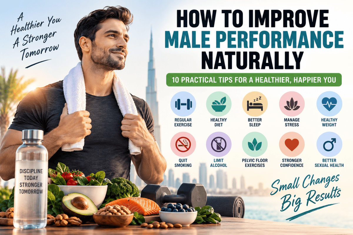 How to improve male performance naturally with exercise, healthy diet, sleep, stress management, and lifestyle tips