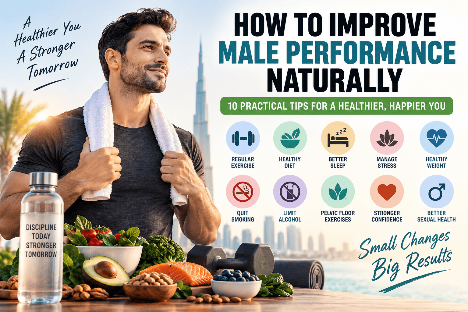How to improve male performance naturally with exercise, healthy diet, sleep, stress management, and lifestyle tips