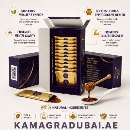 Shilajit Honey sachets displayed inside purple product packaging